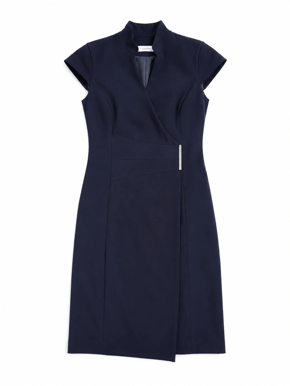 Calvin Klein (Carolyn Bassett) Style Navy Cap-Sleeve Wrap Sheath Dress Size - Picture 2 of 7